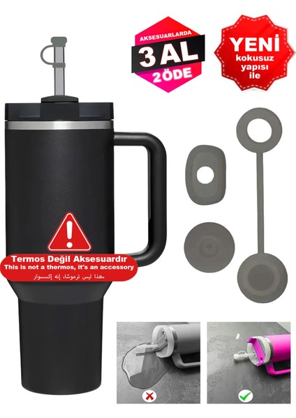 Quencher ve Yeni Nesil Pipetli Termos Uyumlu 3 Parça 1 Set Sızdırmaz Koruyucu Aksesuar Silikon Set