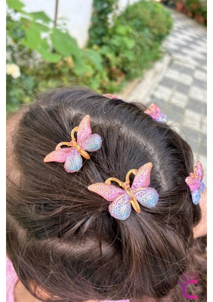 5'li Pembe Mavi Degrade Kız Çocuk Kelebek Toka Seti - Dolgu Kanatlı Kelebekli Mini Pens Saç Tokası modelleri