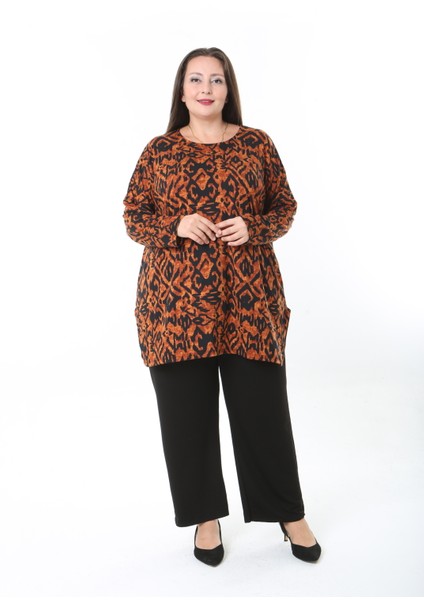 Kadın Yünlü Viskon Likralı Desenli Büyük Beden Tunik