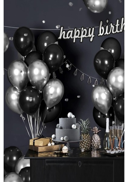 25'li Metalik Sedefli Siyah ve Gümüş Karışık Helyum Balon Seti – Parti, Doğum Günü ve Kutlamalar İçin modelleri