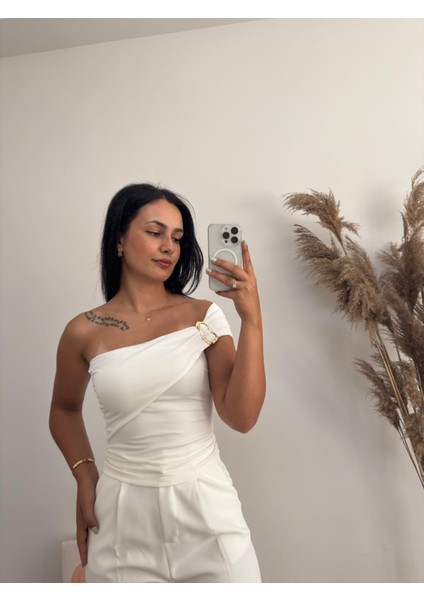 dusohome Metal Toka Detaylı Tek Omuz Şık Bluz fırsatları