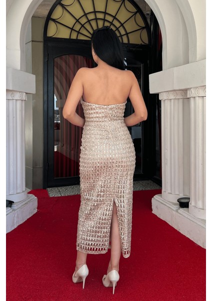 Griter Kumaş Straplez Kalem Elbise - Gold indirimleri