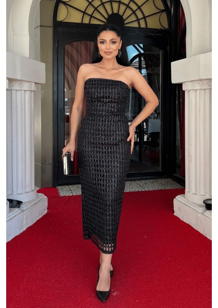 Griter Kumaş Straplez Kalem Elbise - Siyah