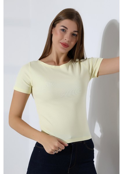 Ribana Kumaş Kayık Yaka Kısa Kol Basic Kadın T-Shirt 21996 Açık Sarı