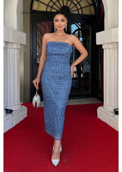 Griter Kumaş Straplez Kalem Elbise - Indigo Mavi