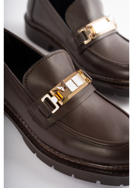 Milora Alçak Topuklu Kemer ve Gold Aksesuar Detaylı Kadın Loafer- Acı Kahve modelleri