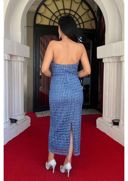 Griter Kumaş Straplez Kalem Elbise - Indigo Mavi indirimleri