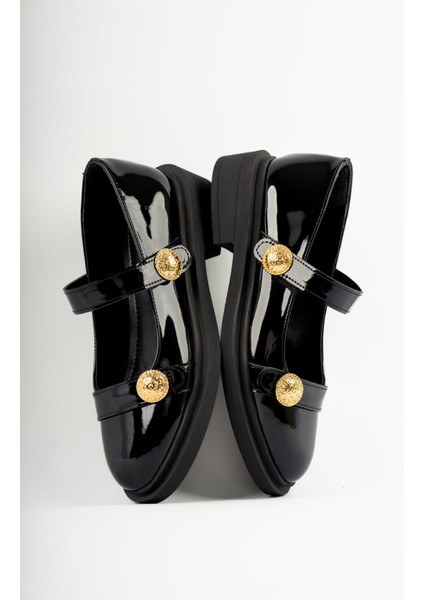 Mirora Gold Aksesuar Detaylı Tek Cırtlı Ortopedik Kadın Loafer- Siyah Rugan modelleri