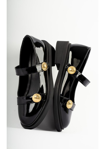 Mirora Gold Aksesuar Detaylı Tek Cırtlı Ortopedik Kadın Loafer- Siyah Rugan fırsatları