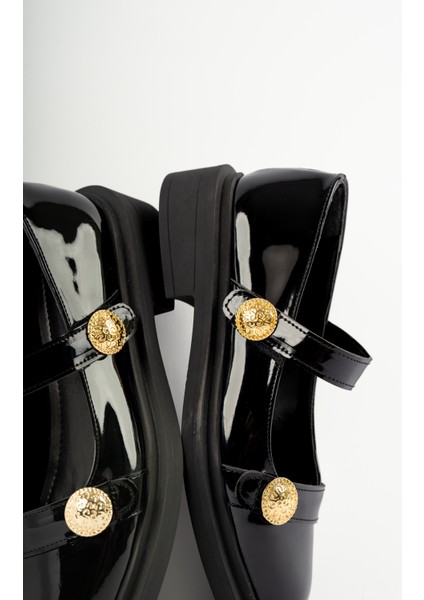 Mirora Gold Aksesuar Detaylı Tek Cırtlı Ortopedik Kadın Loafer- Siyah Rugan indirimleri