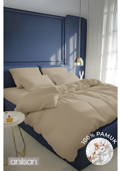 Düz Bej Tek Kişilik Lastikli Çarşaf Düğmeli Ranforce Nevresim Takım %100 Pamuk 1 Adet Yastık Kılıf