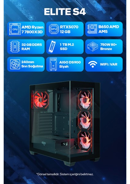 Elite S4 Amd Ryzen 7 7800X3D 32GB Ram 1tb SSD RTX5070 240MM Sıvı Soğutma Freedos Oyuncu Tavsiye Sistem