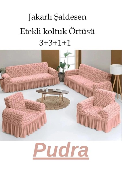 Jakarlı Şal Desen Koltuk, Kanepe, Çekyat Örtüsü, Likralı, Etekli, Koltuk Kılıfı 3+3+1+1 Takım