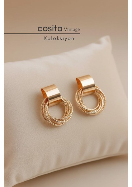 Yellow Gold Metal Çoklu Vintage Küpe