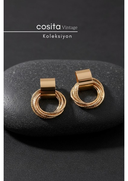 Yellow Gold Metal Çoklu Vintage Küpe