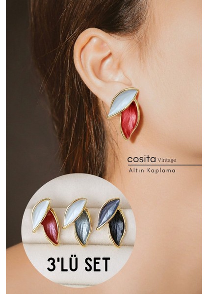 3'lü Set Vintage Gül Kurusu Gri Antrasit Mavi Altın Kaplama Yaprak Küpe