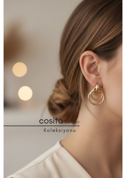 Gold Sıralı Geçme Zincir Örgü Tasarım Şık Gece Elbise Halka Trend Küpe