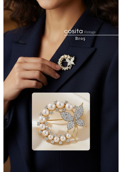 Gold Kadın Sarı Kelebek Tasarımlı İnci ve Zirkon Taşlı Zarif Bijuteri Broş – Şık Aksesuar