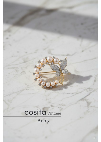 Gold Kadın Sarı Kelebek Tasarımlı İnci ve Zirkon Taşlı Zarif Bijuteri Broş – Şık Aksesuar fiyatları