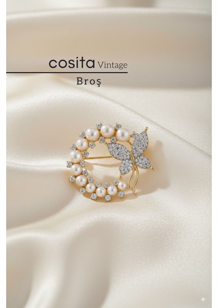 Gold Kadın Sarı Kelebek Tasarımlı İnci ve Zirkon Taşlı Zarif Bijuteri Broş – Şık Aksesuar modelleri