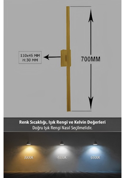 Modern Dekoratif Çubuk Led Duvar Aplik 70 Cm Bronz Profil (Dikdörtgen Rozanslı) 3000K Sarı Işık