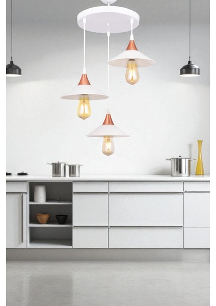 Fötr 3’lü Sarkıt Avize Beyaz – Bakır Detaylı Şapka Formu, Modern Metal Sarkıt, E27 Duylu