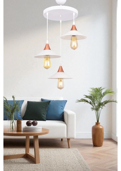 Fötr 3’lü Sarkıt Avize Beyaz – Bakır Detaylı Şapka Formu, Modern Metal Sarkıt, E27 Duylu modelleri