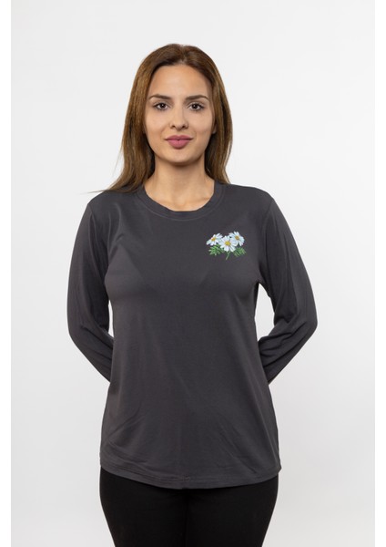 Kadın Füme Renk Papatya Baskılı Uzun Kollu Tshırt fiyatları