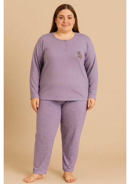 Kadın 05113 Büyük Beden % 100 Pamuk Raporlu Interlok Pijama Takımı Mor