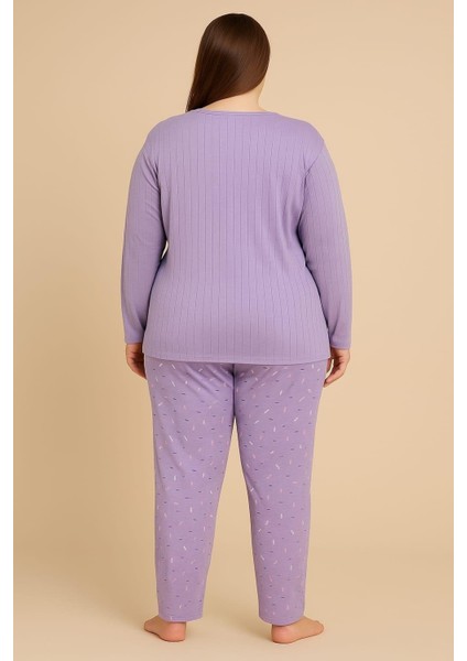 Kadın 05113 Büyük Beden % 100 Pamuk Raporlu Interlok Pijama Takımı Mor fiyatları