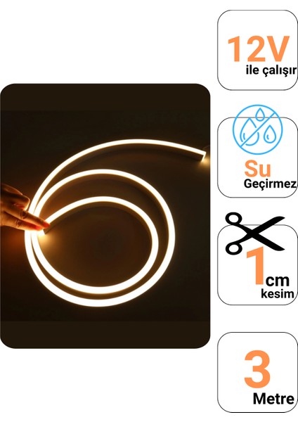 12 Volt 3 Metre Gün Işığı Neon LED Işık 1 cm Prize Takılmaya Hazır Değil Neon Şerit LED Esnek Silikonlu fiyatları
