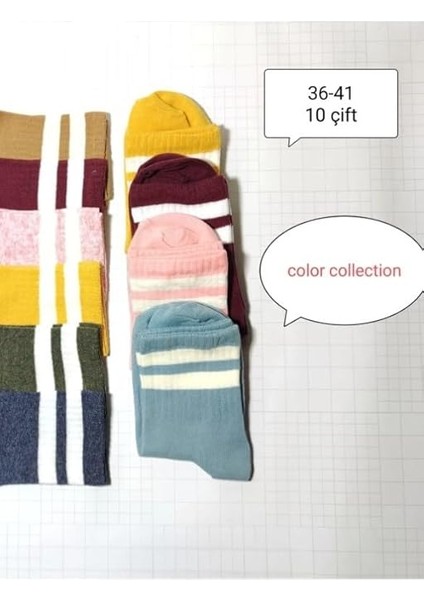 Kolej Çizgili Çok Renkli Karışık (10 Çift) Çorap Seti, Kadın Çorap Koton, Renkli Desenli Çorap 36-41 modelleri