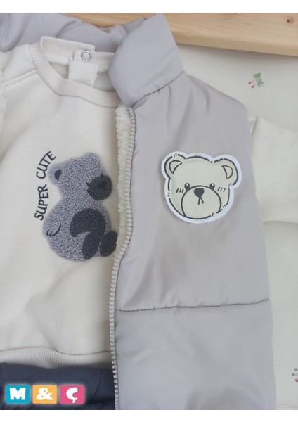 M.Ç FAMİLYSTORE Erkek Bebek Yelekli Kombin 3lü Kalın Üç Iplik Ayıcık Takım Baby Outfit fırsatları