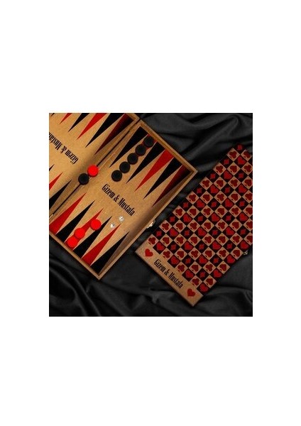 Premium Tavla Seti Sevgiliye Özel Tasarım Ahşap 2 Parça Kırmızı ve Siyah Desenli