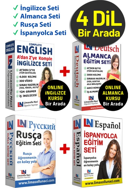 Ingilizce + Almanca + Rusça + Ispanyolca Eğitim Setleri ve Kitapları, 4 Dilde Hızlı ve Etkili Eğitim