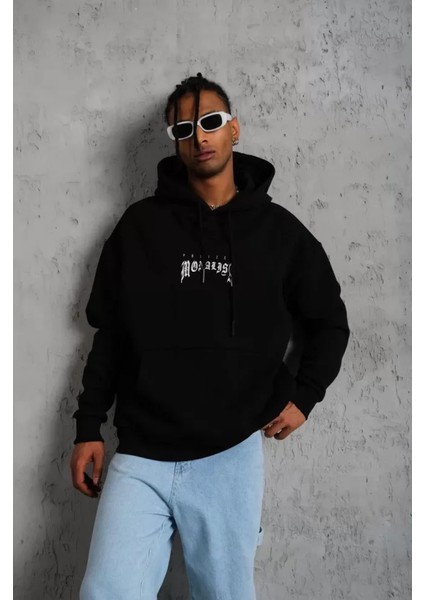 Erkek Baskılı Kapüşonlu ve Kanguru Cepli Sweat - Siyah fırsatları