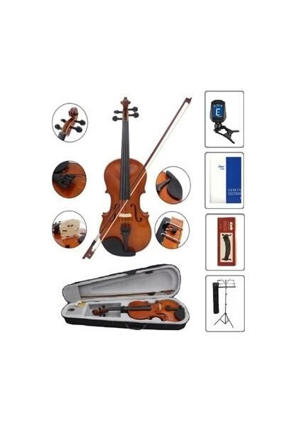 4/4 Keman Seti (Keman-Kutu-Yay-Reçine-Nota Sehpa-Akort Cihazı-Keman Yastığı-Metot)
