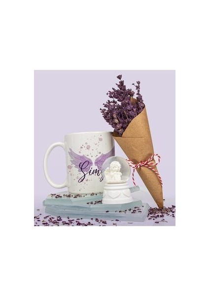 kişiye özel tasarım kupa bardak & melek kar küresi & lavanta buketi hediye seti 110695