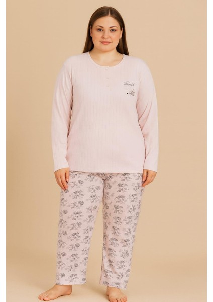 Kadın Büyük Beden 05150 % 100 Pamuk Raporlu Interlok Pijama Takımı Somon