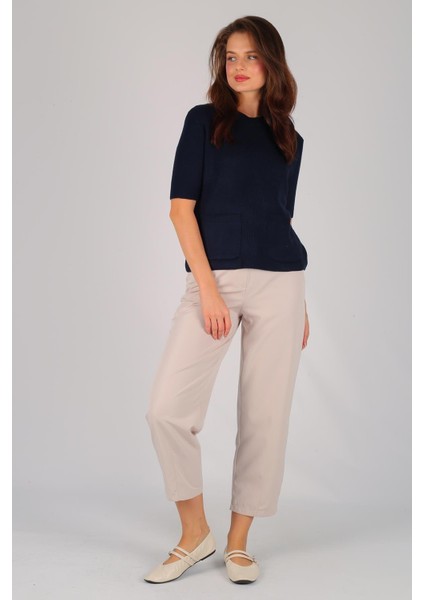 Kadın Lacivert Kısa Kol Cep Detay Kazak fiyatları