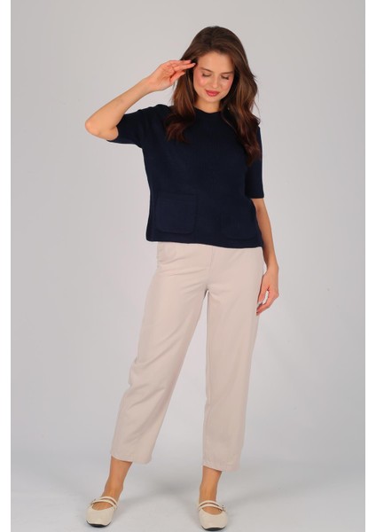 Kadın Lacivert Kısa Kol Cep Detay Kazak modelleri