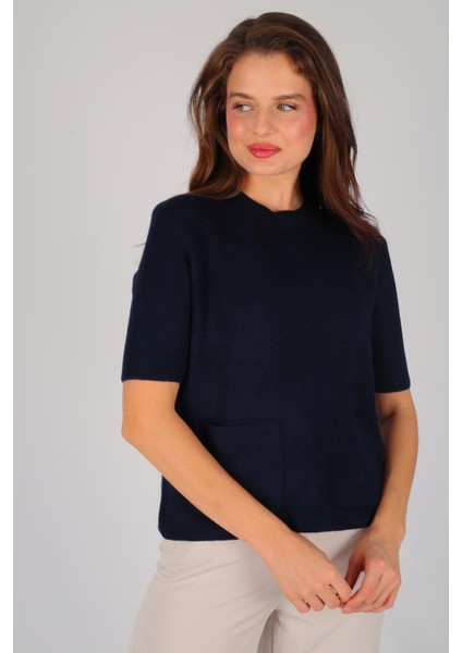 Kadın Lacivert Kısa Kol Cep Detay Kazak fırsatları