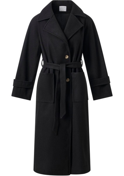 Kadın Siyah Kol Apoletli Kuşaklı Kaşe Kaban