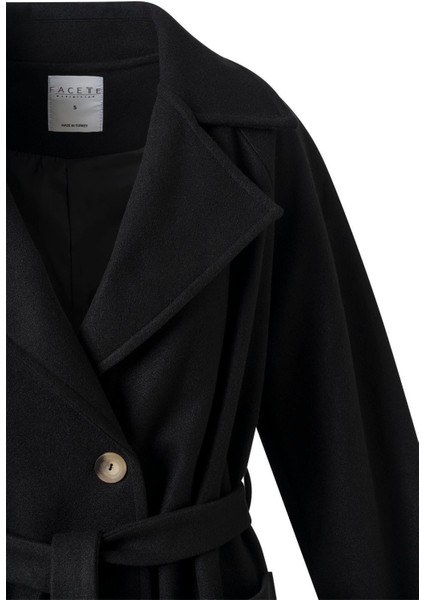 Kadın Siyah Kol Apoletli Kuşaklı Kaşe Kaban fiyatları