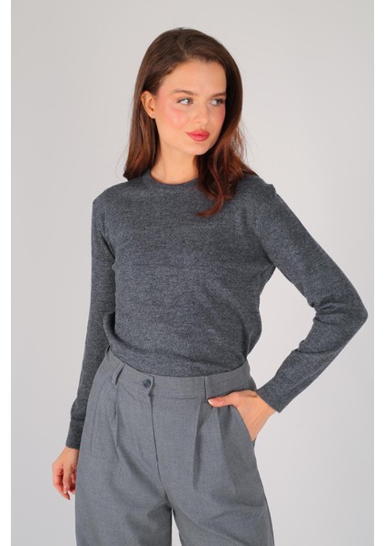 Kadın Gri Ince Ribana Basic Uzun Kol Kazak