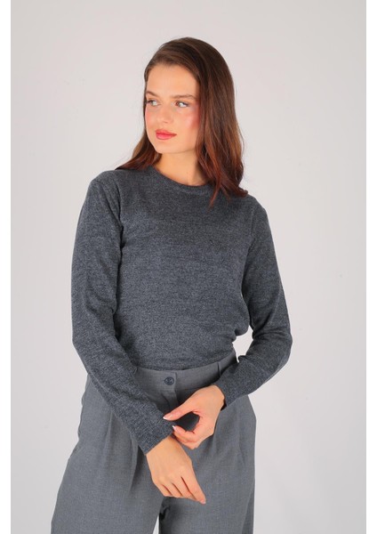 Kadın Gri Ince Ribana Basic Uzun Kol Kazak modelleri
