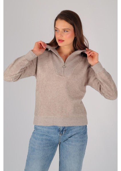 Kadın Vizon Yarım Fermuar Uzun Kol Kazak