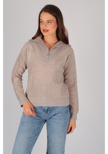 Kadın Vizon Yarım Fermuar Uzun Kol Kazak fırsatları