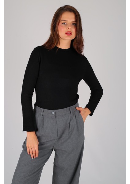 Kadın Siyah Kalın Ribana Basic Uzun Kol Kazak