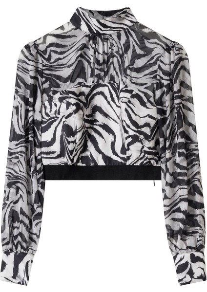 Kadın Zebra Desen Şifon Crop Bluz